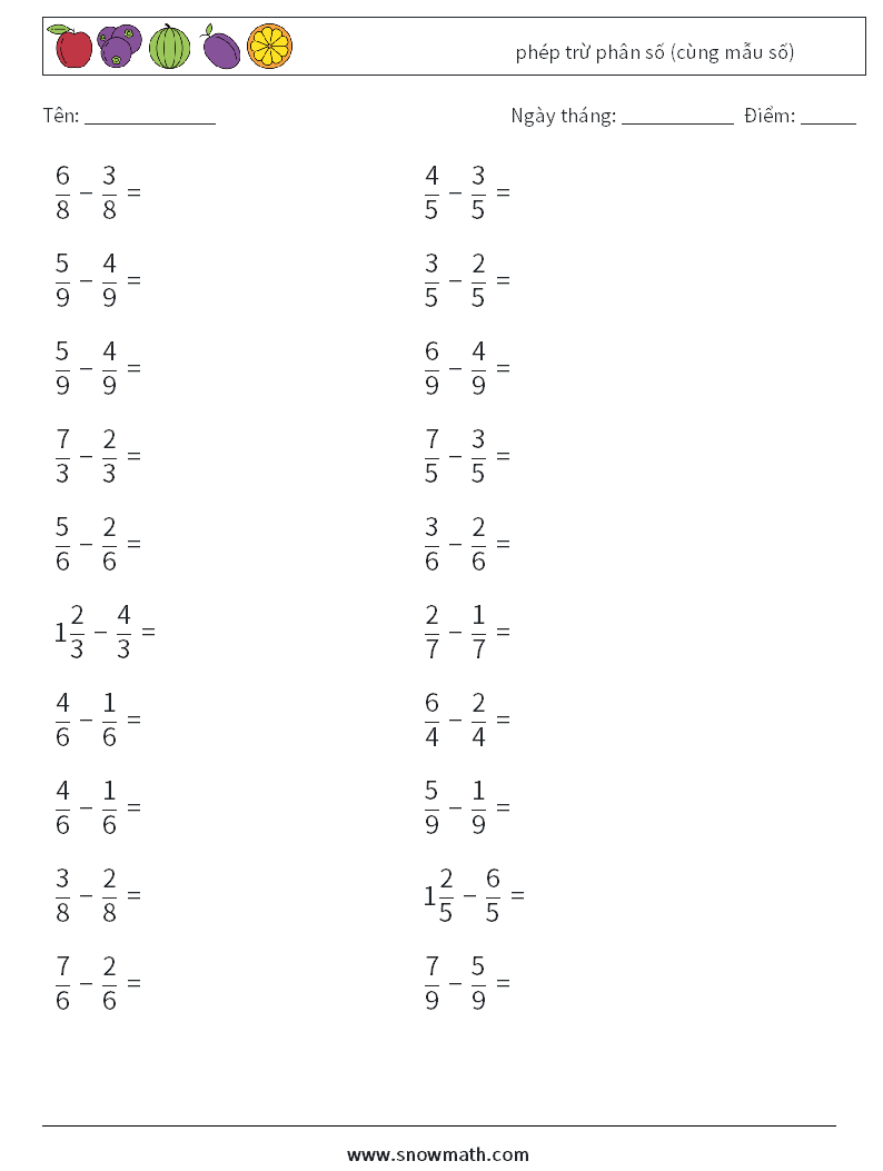 (20) phép trừ phân số (cùng mẫu số) Bảng tính toán học 6