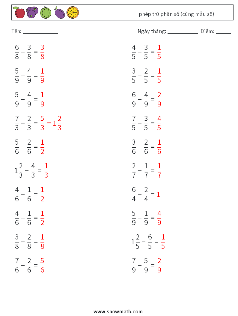 (20) phép trừ phân số (cùng mẫu số) Bảng tính toán học 6 Câu hỏi, câu trả lời