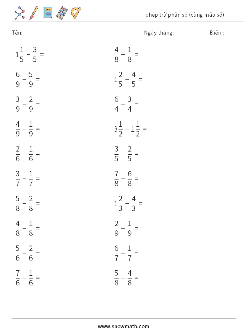 (20) phép trừ phân số (cùng mẫu số) Bảng tính toán học 7