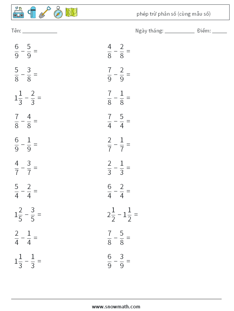 (20) phép trừ phân số (cùng mẫu số) Bảng tính toán học 8