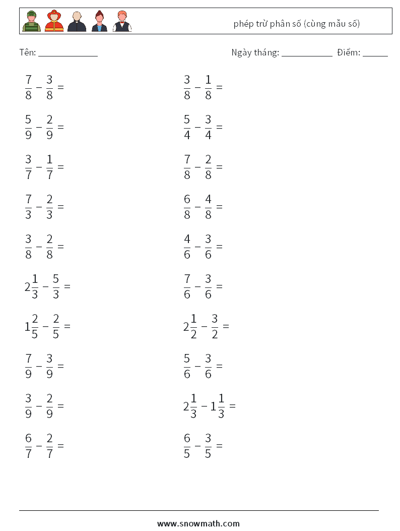 (20) phép trừ phân số (cùng mẫu số) Bảng tính toán học 9