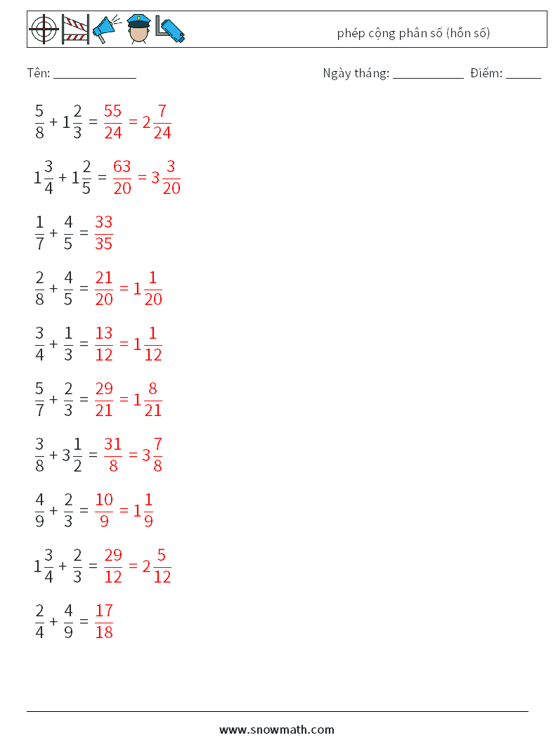 (10) phép cộng phân số (hỗn số) Bảng tính toán học 12 Câu hỏi, câu trả lời