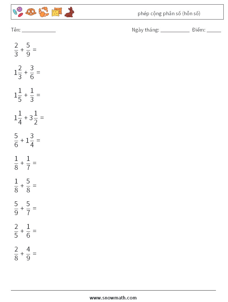 (10) phép cộng phân số (hỗn số) Bảng tính toán học 13