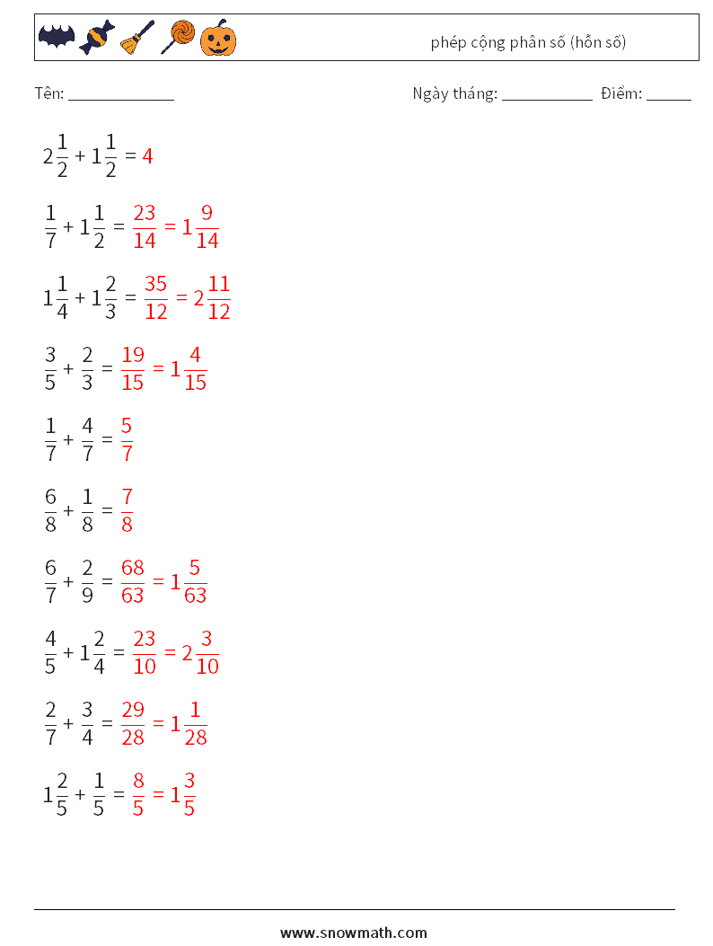 (10) phép cộng phân số (hỗn số) Bảng tính toán học 14 Câu hỏi, câu trả lời