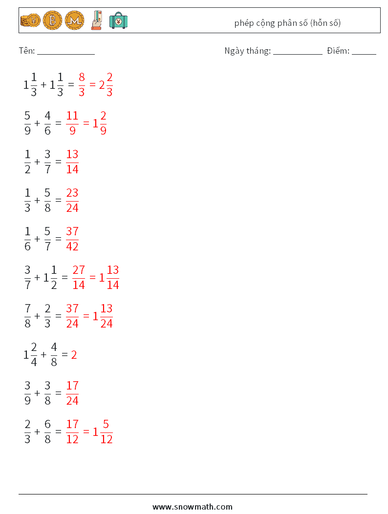 (10) phép cộng phân số (hỗn số) Bảng tính toán học 15 Câu hỏi, câu trả lời