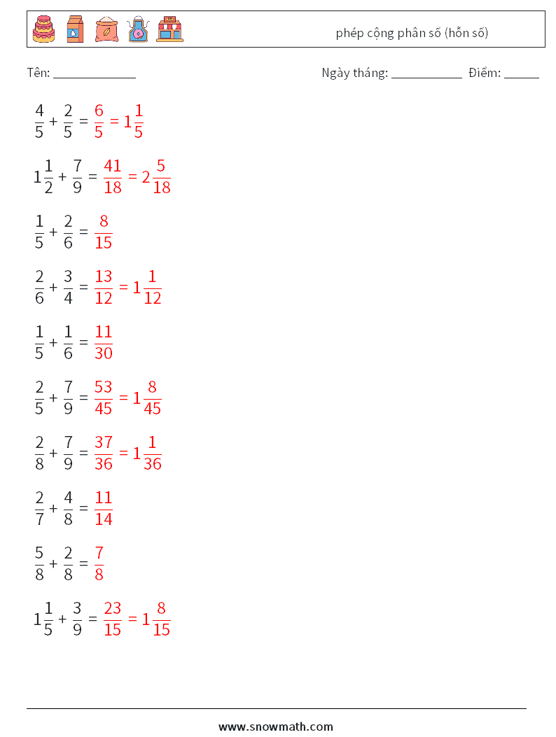 (10) phép cộng phân số (hỗn số) Bảng tính toán học 17 Câu hỏi, câu trả lời