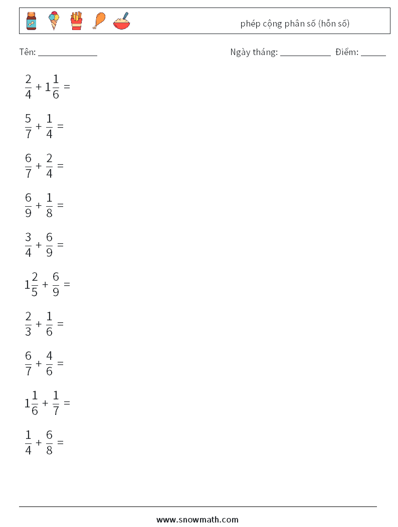 (10) phép cộng phân số (hỗn số) Bảng tính toán học 18