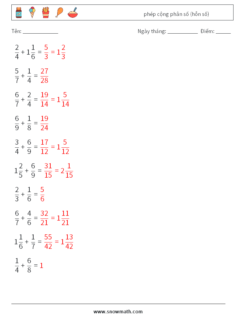 (10) phép cộng phân số (hỗn số) Bảng tính toán học 18 Câu hỏi, câu trả lời