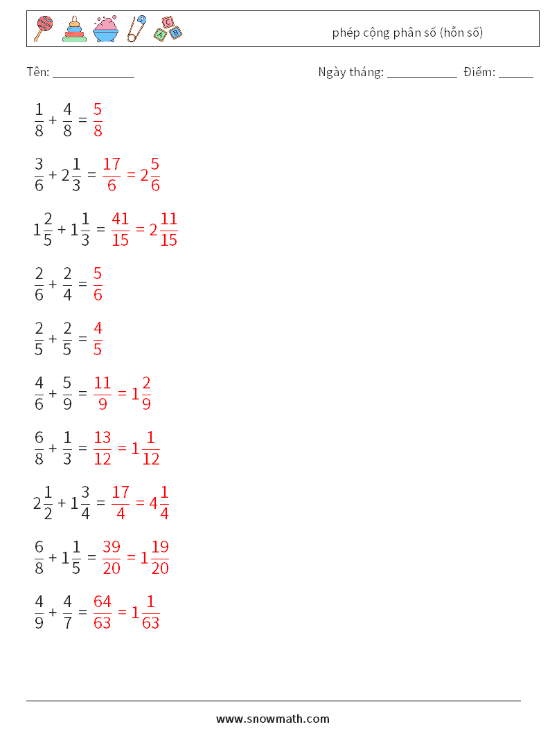 (10) phép cộng phân số (hỗn số) Bảng tính toán học 1 Câu hỏi, câu trả lời