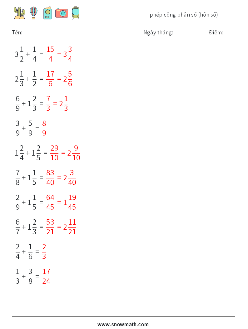 (10) phép cộng phân số (hỗn số) Bảng tính toán học 3 Câu hỏi, câu trả lời