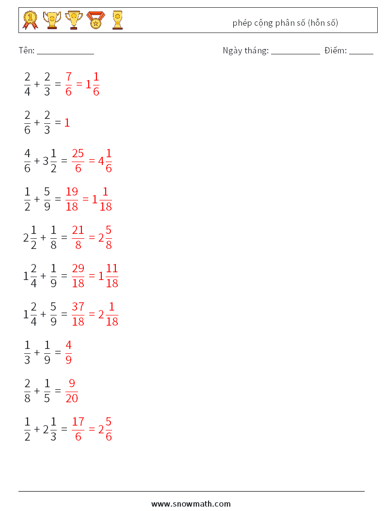 (10) phép cộng phân số (hỗn số) Bảng tính toán học 6 Câu hỏi, câu trả lời