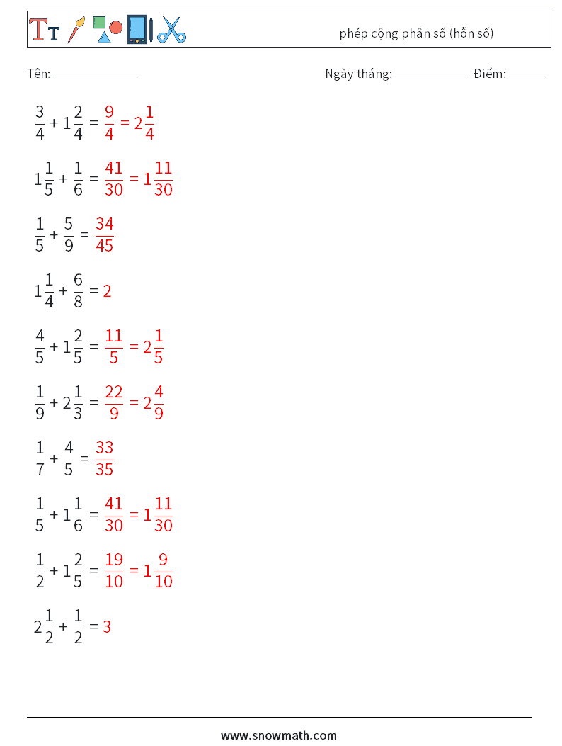 (10) phép cộng phân số (hỗn số) Bảng tính toán học 7 Câu hỏi, câu trả lời