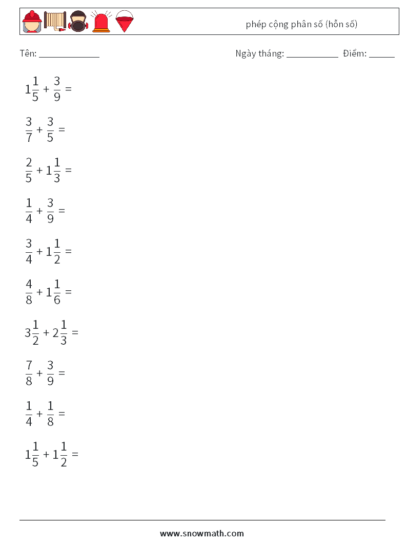 (10) phép cộng phân số (hỗn số) Bảng tính toán học 8