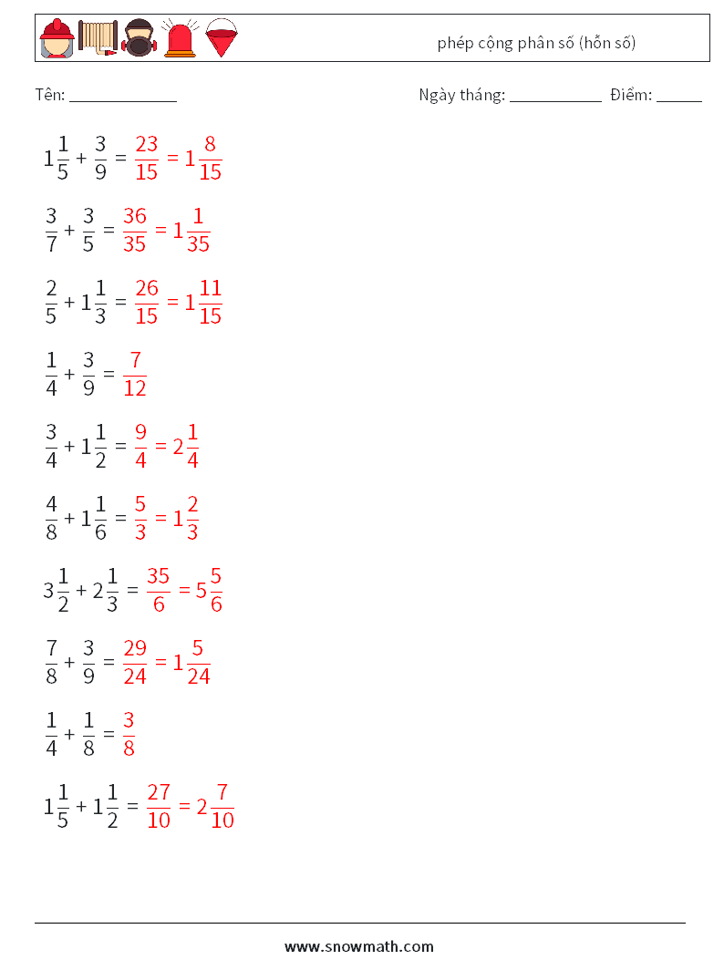 (10) phép cộng phân số (hỗn số) Bảng tính toán học 8 Câu hỏi, câu trả lời