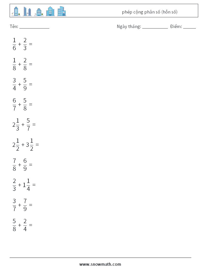 (10) phép cộng phân số (hỗn số) Bảng tính toán học 9