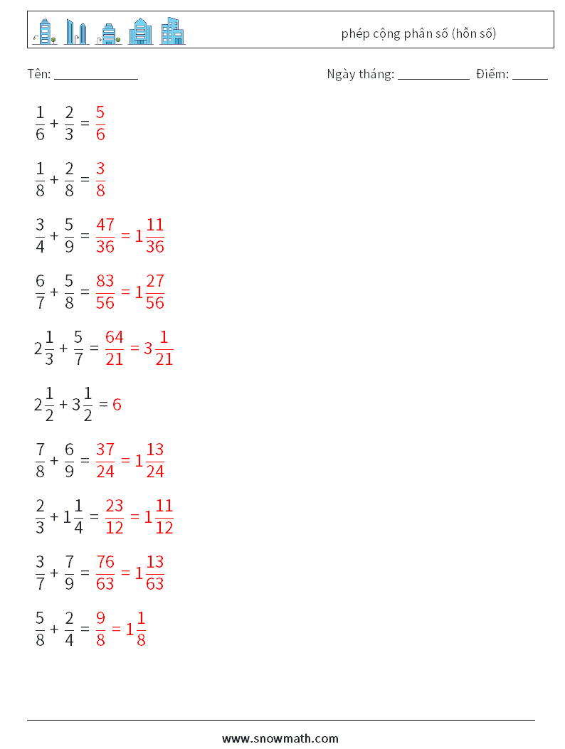 (10) phép cộng phân số (hỗn số) Bảng tính toán học 9 Câu hỏi, câu trả lời