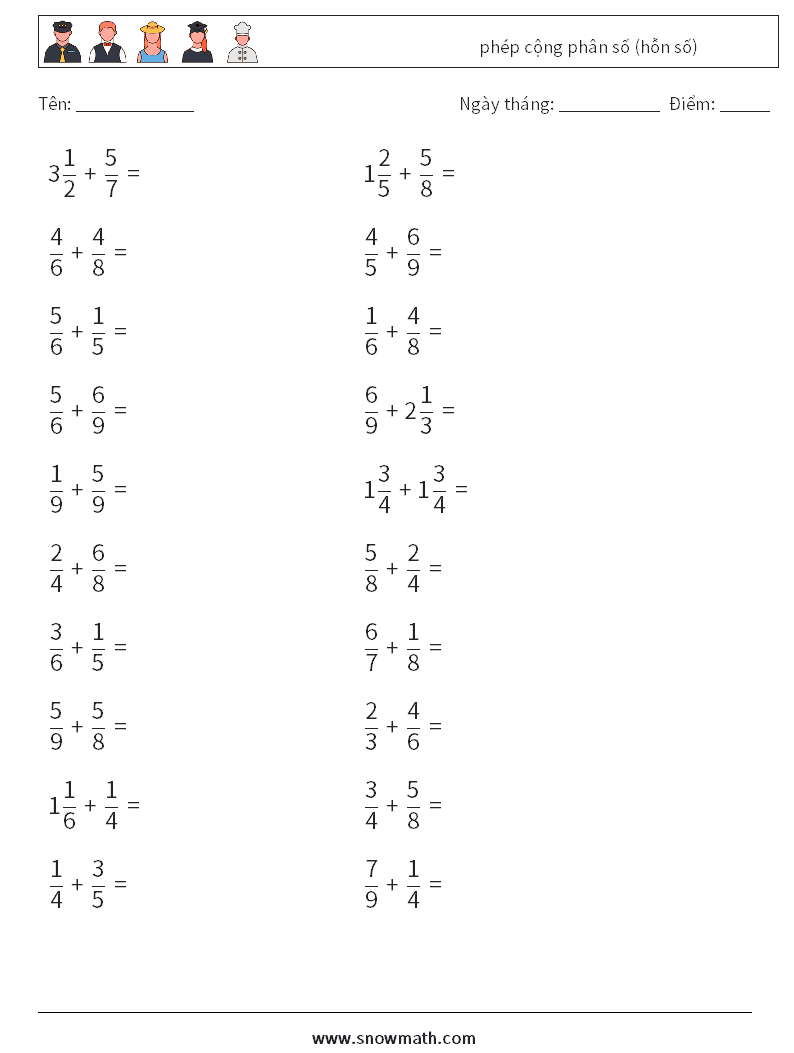 (20) phép cộng phân số (hỗn số) Bảng tính toán học 10