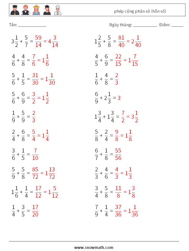 (20) phép cộng phân số (hỗn số) Bảng tính toán học 10 Câu hỏi, câu trả lời