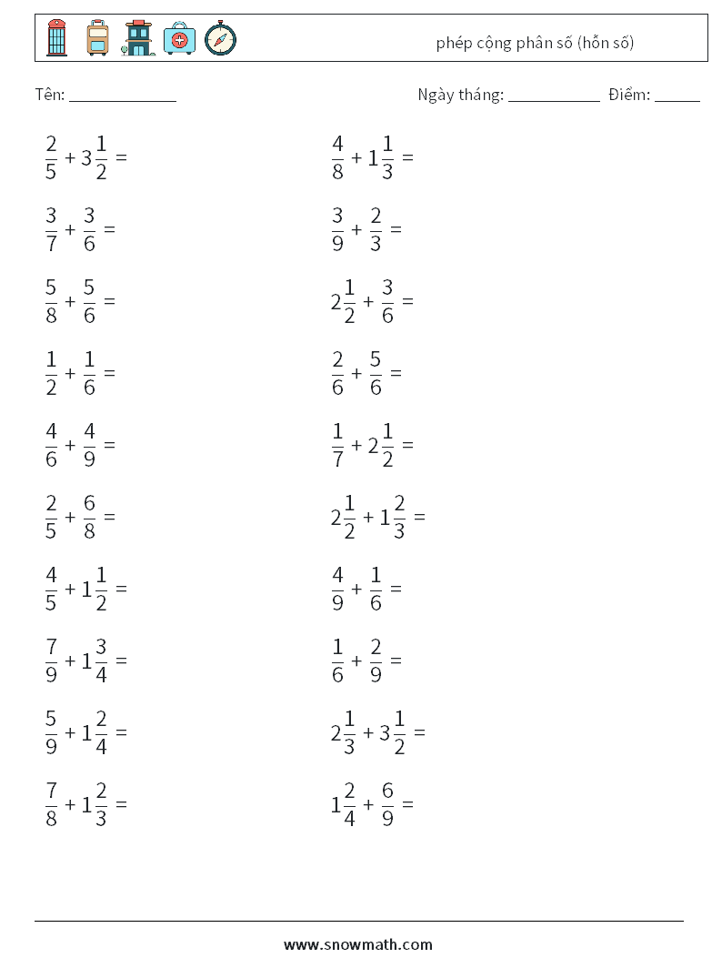 (20) phép cộng phân số (hỗn số) Bảng tính toán học 11