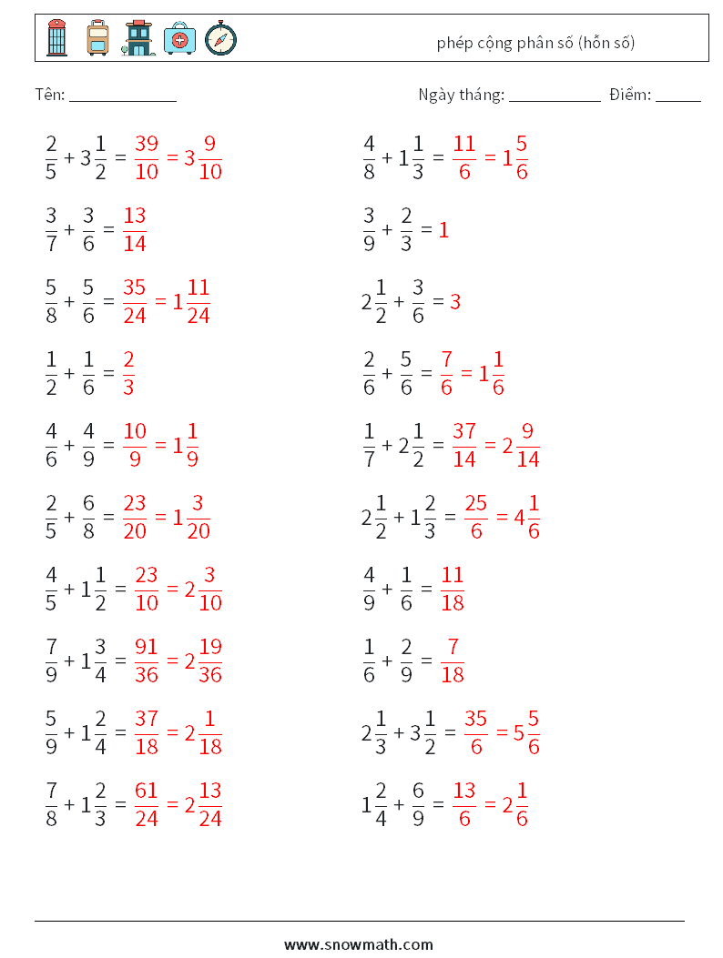 (20) phép cộng phân số (hỗn số) Bảng tính toán học 11 Câu hỏi, câu trả lời