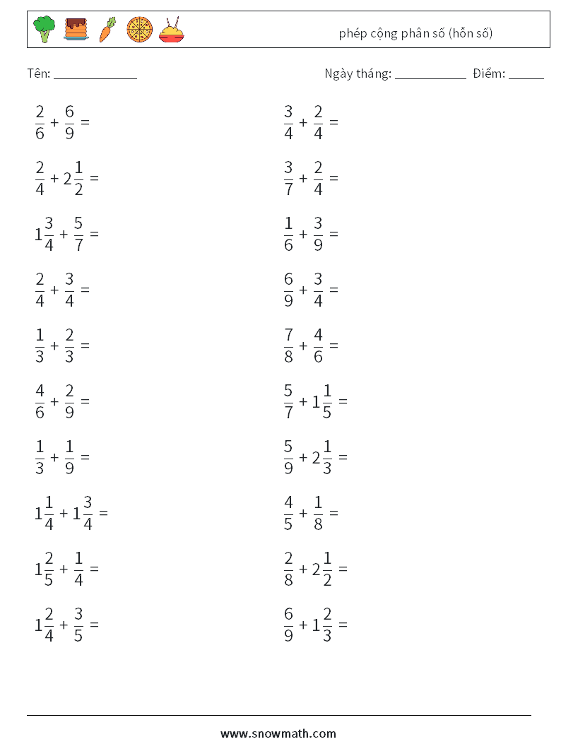 (20) phép cộng phân số (hỗn số) Bảng tính toán học 12