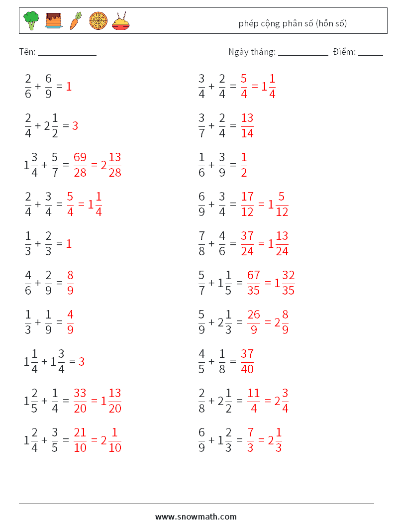 (20) phép cộng phân số (hỗn số) Bảng tính toán học 12 Câu hỏi, câu trả lời