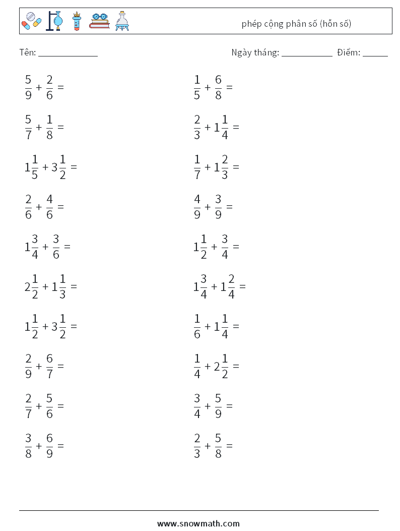 (20) phép cộng phân số (hỗn số) Bảng tính toán học 13