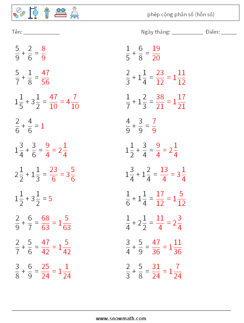 (20) phép cộng phân số (hỗn số) Bảng tính toán học 13 Câu hỏi, câu trả lời