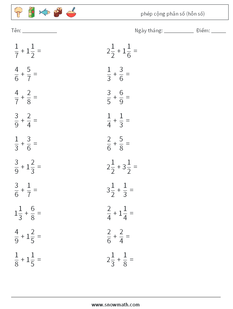 (20) phép cộng phân số (hỗn số) Bảng tính toán học 14