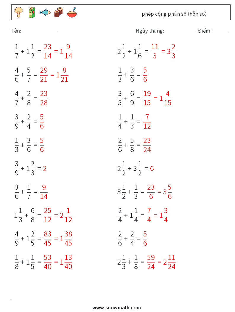 (20) phép cộng phân số (hỗn số) Bảng tính toán học 14 Câu hỏi, câu trả lời
