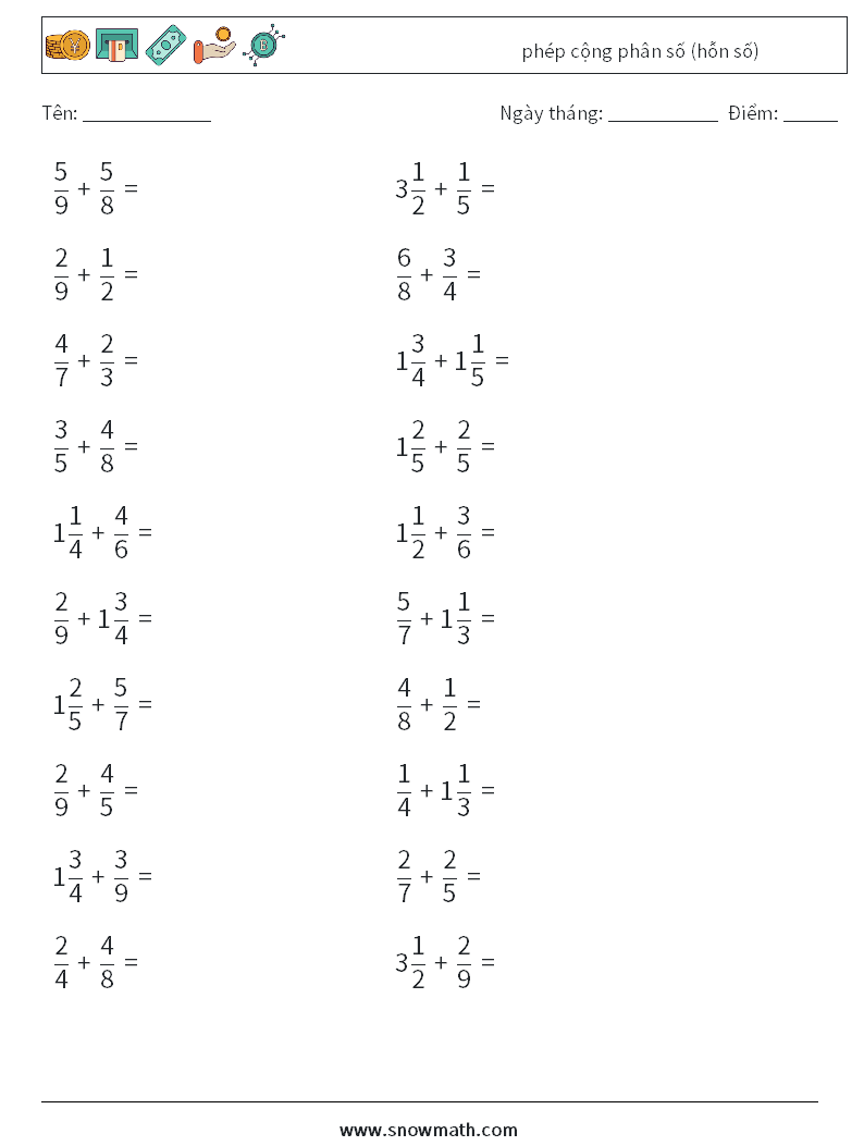 (20) phép cộng phân số (hỗn số) Bảng tính toán học 15