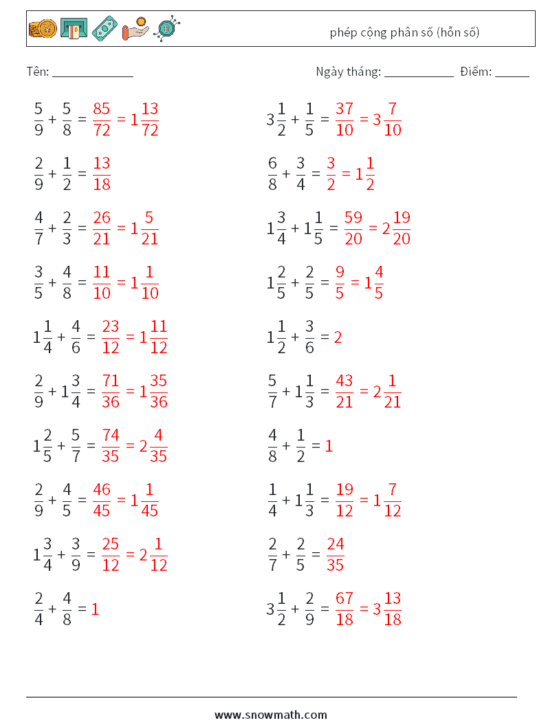 (20) phép cộng phân số (hỗn số) Bảng tính toán học 15 Câu hỏi, câu trả lời