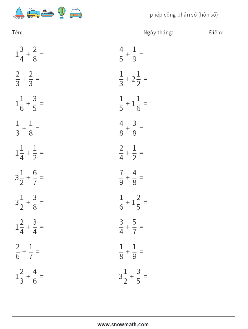 (20) phép cộng phân số (hỗn số) Bảng tính toán học 16