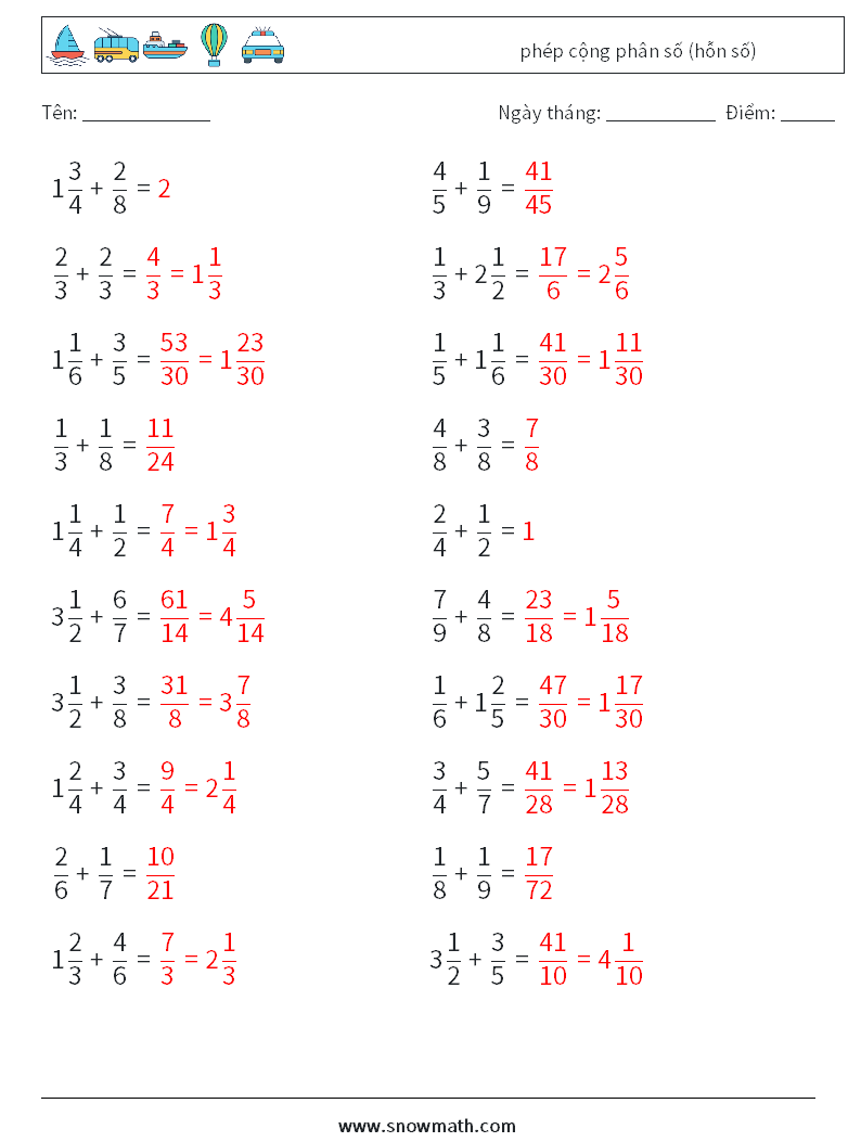(20) phép cộng phân số (hỗn số) Bảng tính toán học 16 Câu hỏi, câu trả lời
