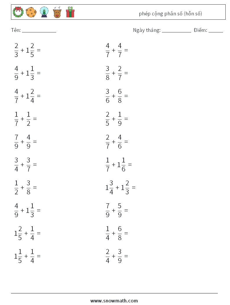 (20) phép cộng phân số (hỗn số) Bảng tính toán học 17