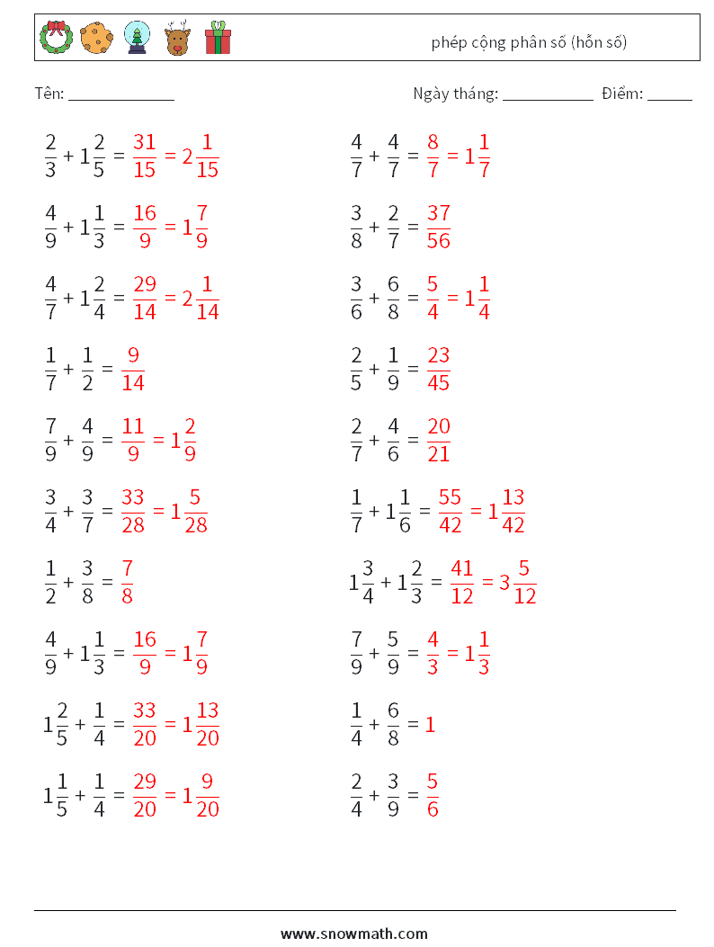 (20) phép cộng phân số (hỗn số) Bảng tính toán học 17 Câu hỏi, câu trả lời