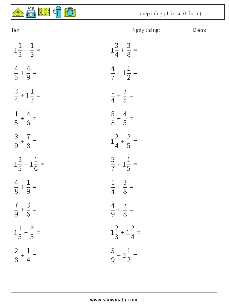 (20) phép cộng phân số (hỗn số) Bảng tính toán học 18