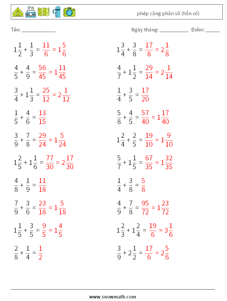 (20) phép cộng phân số (hỗn số) Bảng tính toán học 18 Câu hỏi, câu trả lời