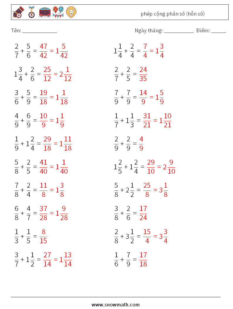 (20) phép cộng phân số (hỗn số) Bảng tính toán học 1 Câu hỏi, câu trả lời