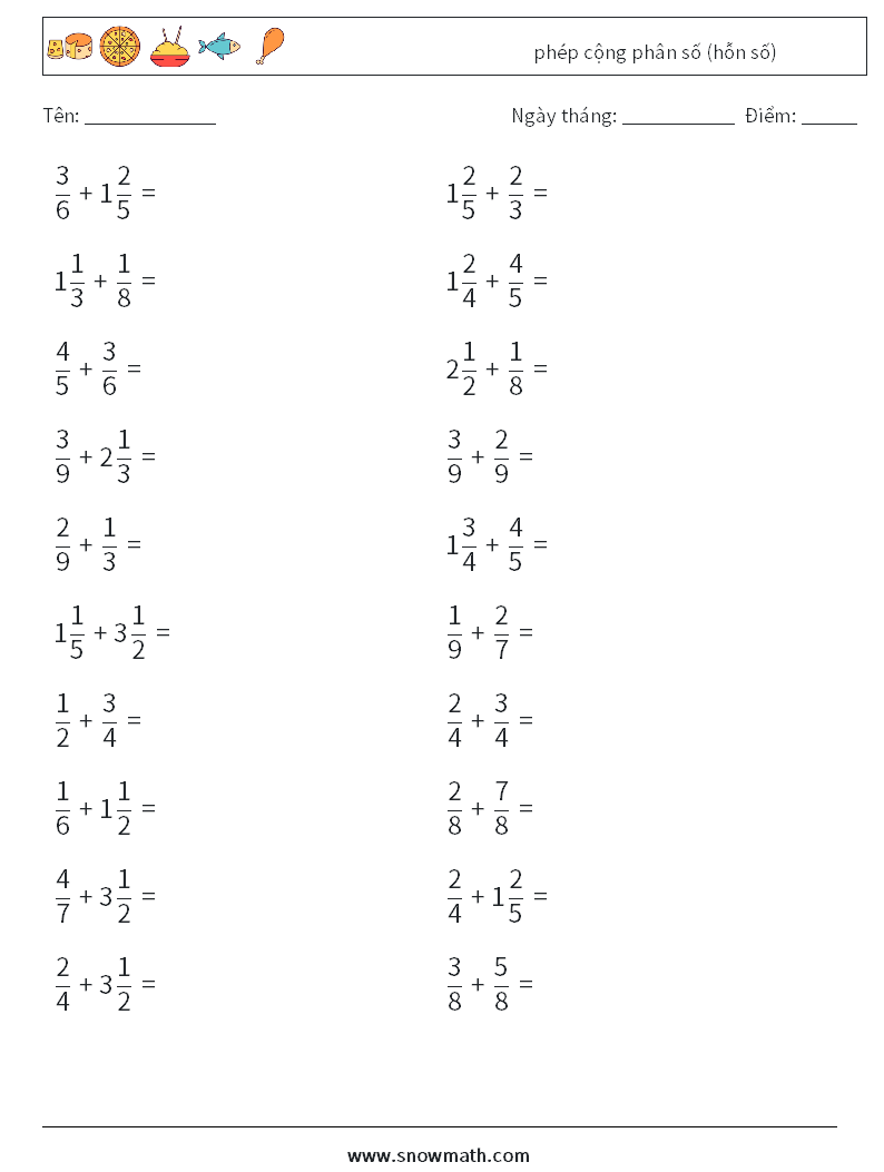 (20) phép cộng phân số (hỗn số) Bảng tính toán học 2