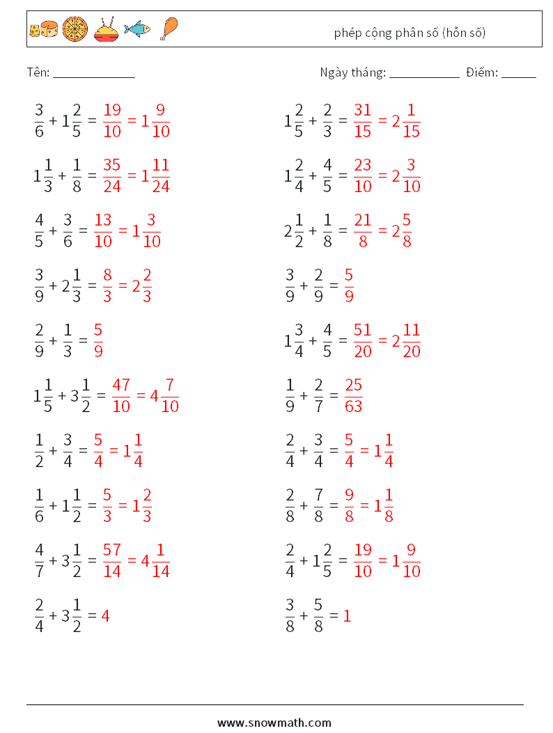 (20) phép cộng phân số (hỗn số) Bảng tính toán học 2 Câu hỏi, câu trả lời