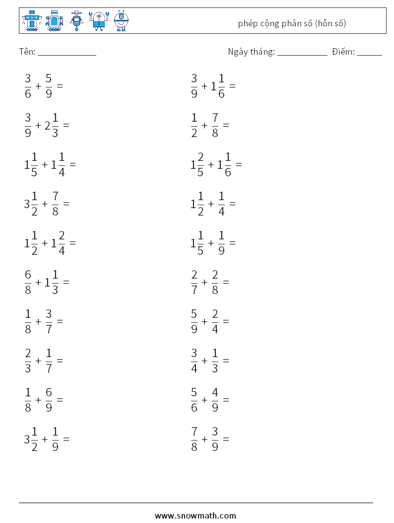 (20) phép cộng phân số (hỗn số) Bảng tính toán học 3