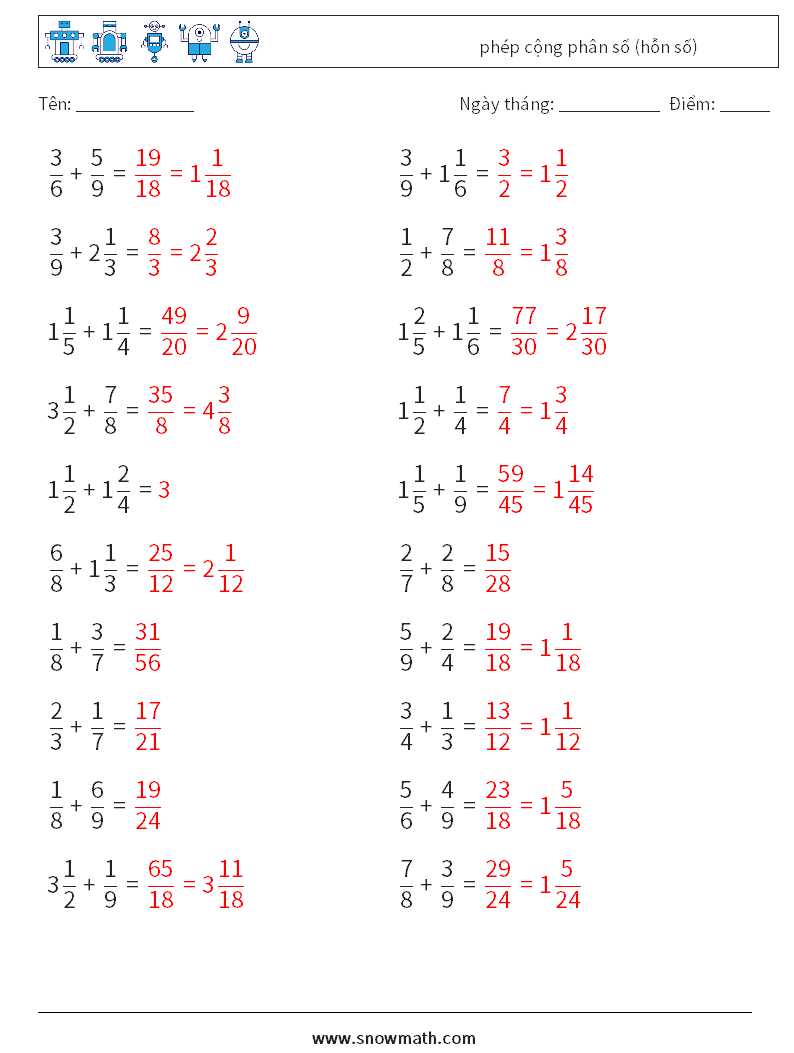 (20) phép cộng phân số (hỗn số) Bảng tính toán học 3 Câu hỏi, câu trả lời