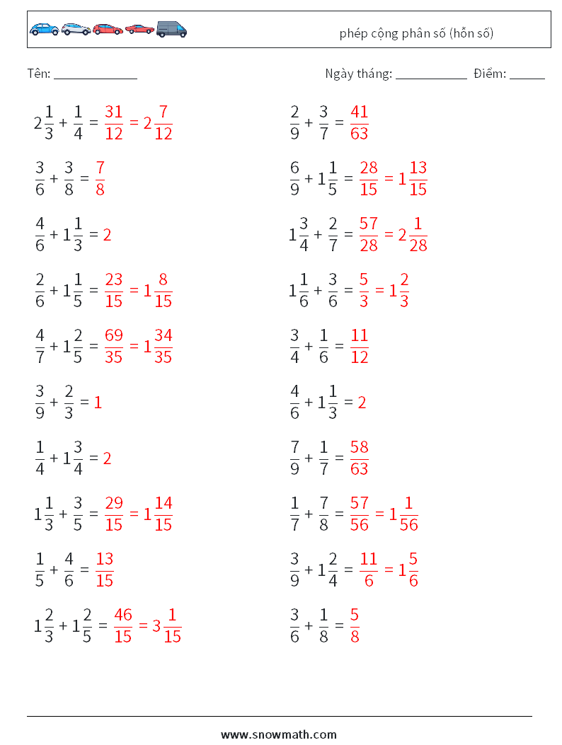 (20) phép cộng phân số (hỗn số) Bảng tính toán học 5 Câu hỏi, câu trả lời