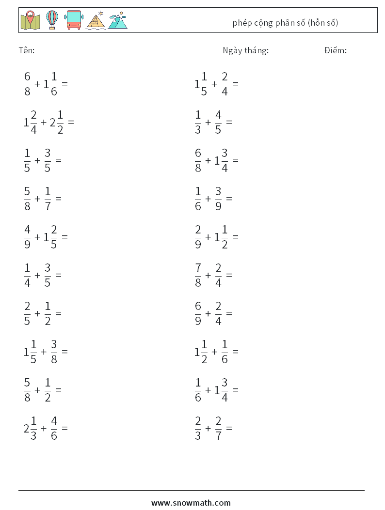 (20) phép cộng phân số (hỗn số) Bảng tính toán học 6
