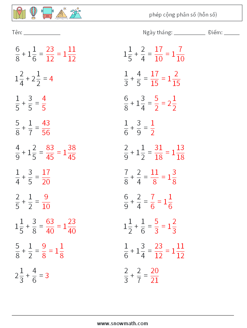(20) phép cộng phân số (hỗn số) Bảng tính toán học 6 Câu hỏi, câu trả lời