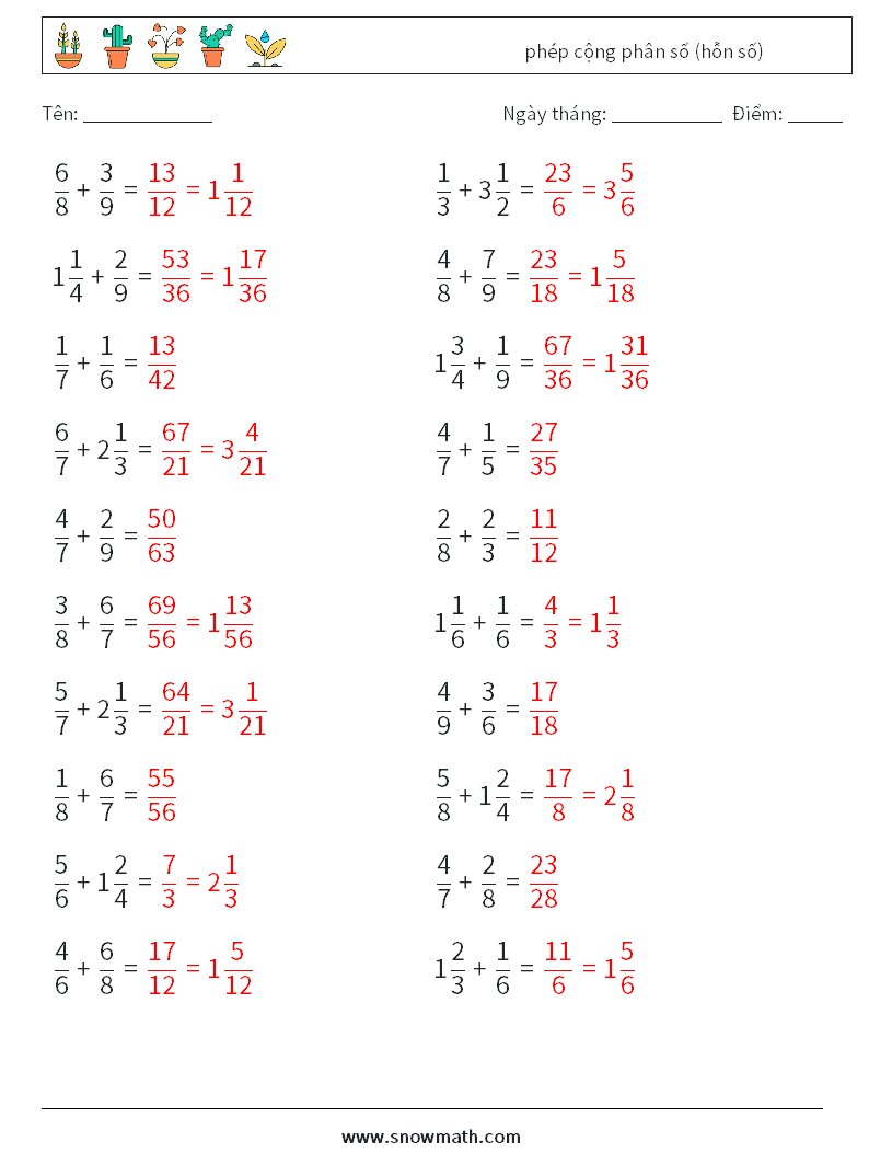 (20) phép cộng phân số (hỗn số) Bảng tính toán học 7 Câu hỏi, câu trả lời