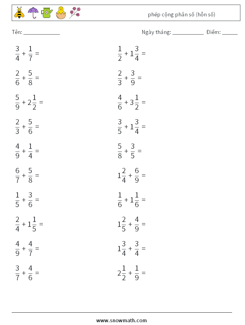 (20) phép cộng phân số (hỗn số) Bảng tính toán học 8