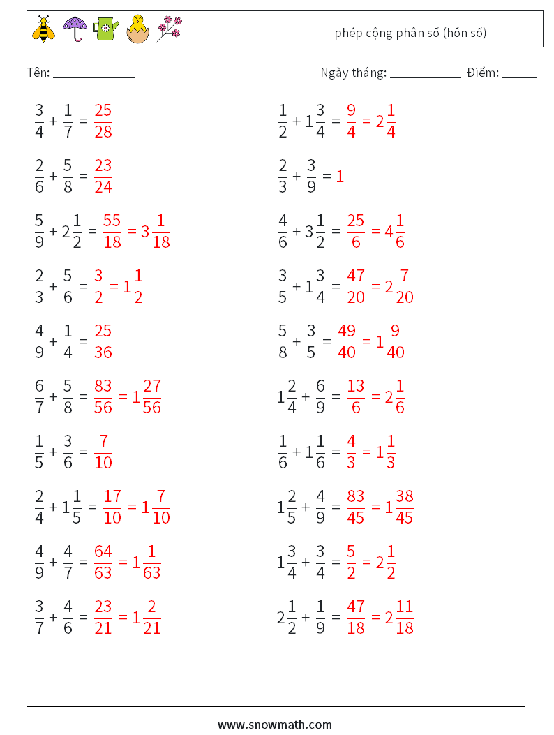 (20) phép cộng phân số (hỗn số) Bảng tính toán học 8 Câu hỏi, câu trả lời