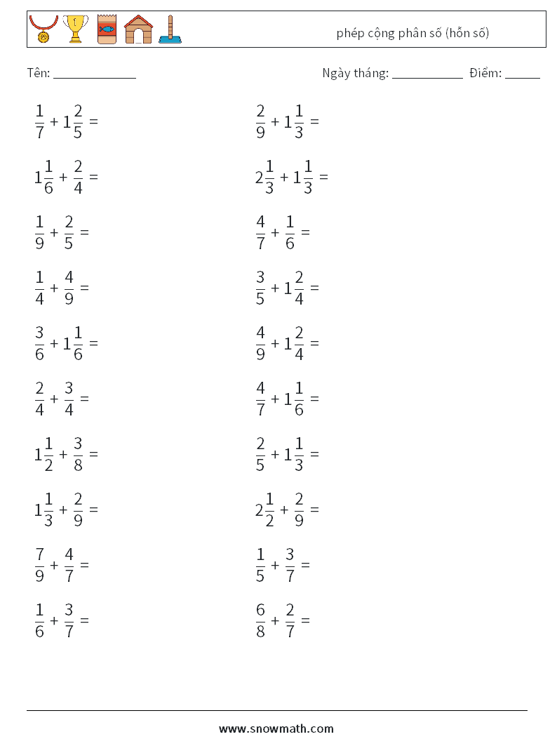 (20) phép cộng phân số (hỗn số) Bảng tính toán học 9
